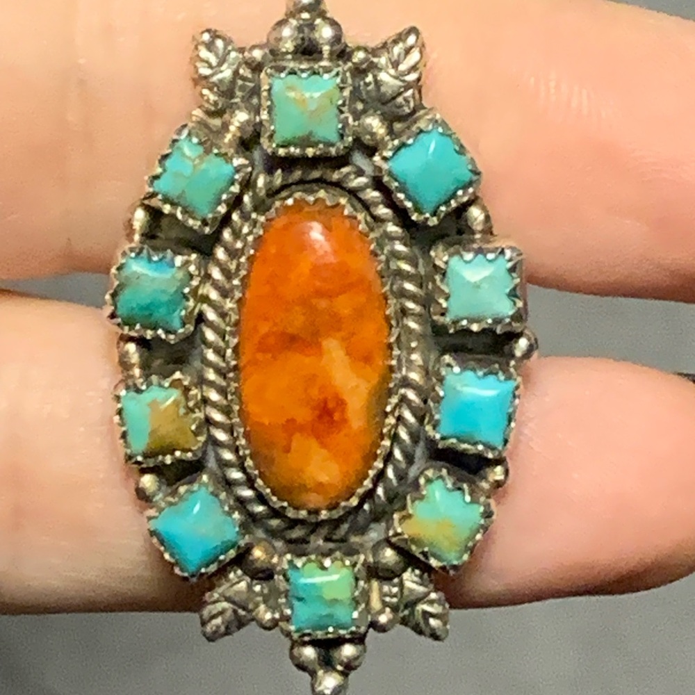Vintage Turquoise and Orange Jasper Statement Ring
